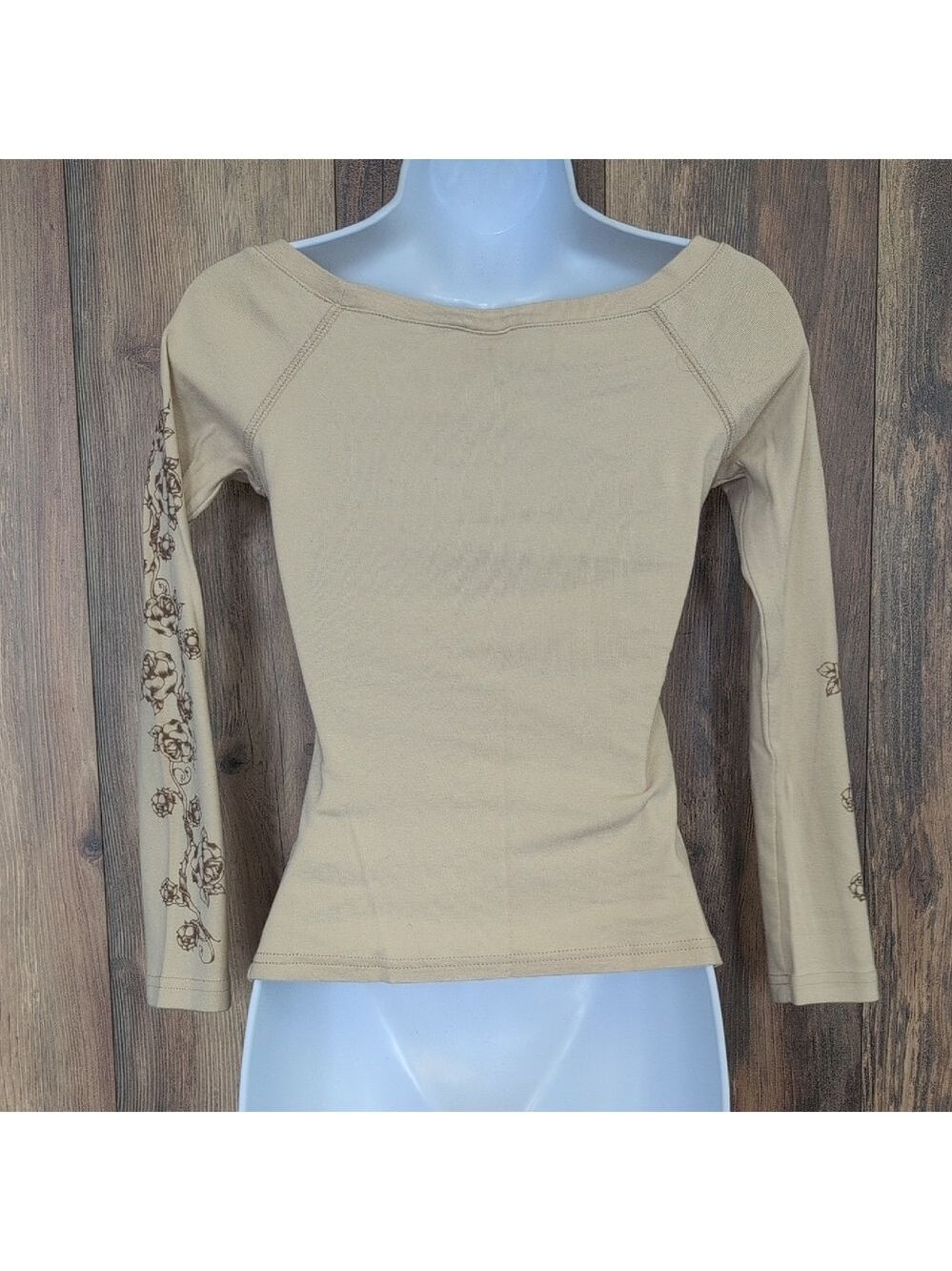 Weavers Beige Floral Sleeve Long Sleeve Wide Neck Tee S V238 - Picture 3 of 4
